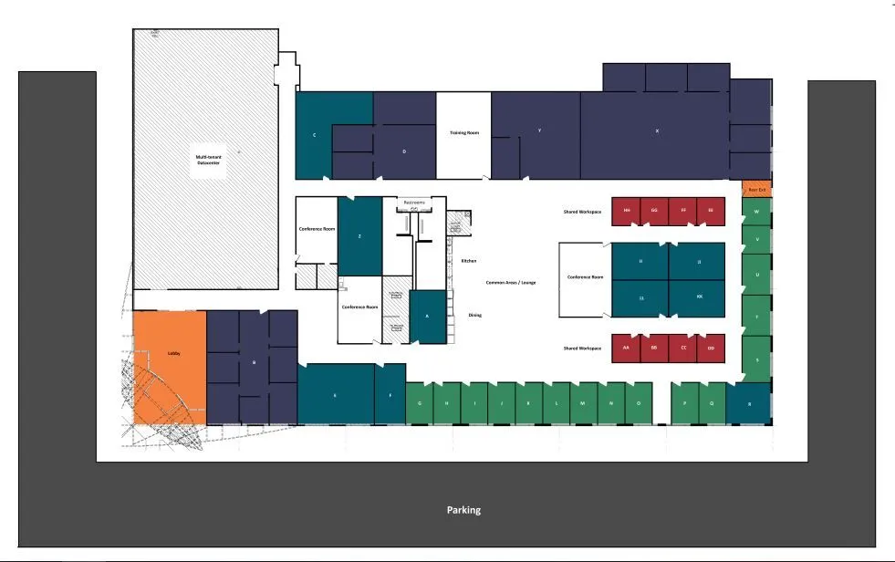 Colour-coded floor plan of the McKinney building showing offices, conference rooms and workspaces along the open floor, with parking below
