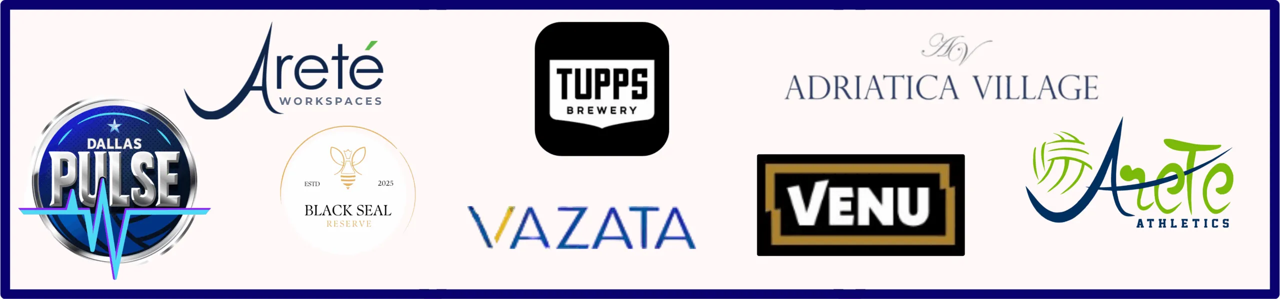 Logos of Dallas Pulse, Tupps Brewery, Venu, Adriatica Village, Black Seal Reserve, Vazata, Areté WorkSpaces and Areté Athletics